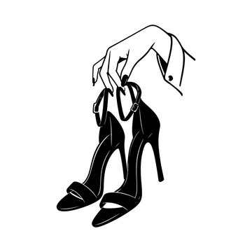 Elegant Hand Holding Black High Heel Sandals Fashion Illustration