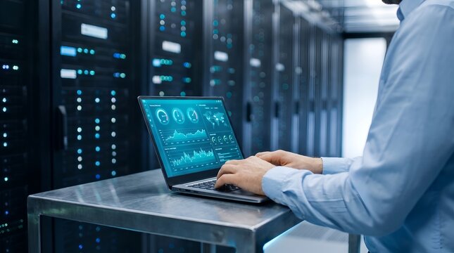 Man working on laptop with data analytics dashboard in server room