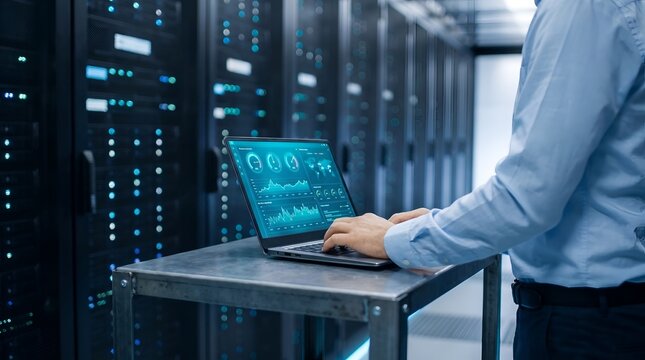 IT technician working on laptop in server room with data graphs