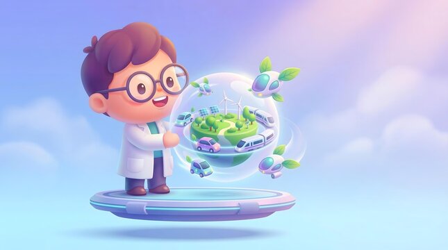 Eco Friendly Connected Mobility Infrastructure Cartoon Scientist on Hoverboard Imagines Futuristic Eco-Friendly Urban Transportation with Green Energy