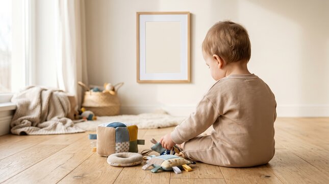 Cute toddler baby sitting on wooden floor playing with soft fabric sensory toys, Montessori early childhood education, cozy bright living room interior, child development