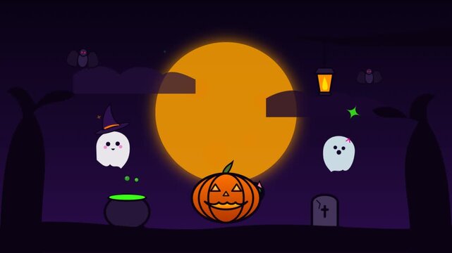 Halloween Night with Spooky Ghosts and Jack-o-Lantern Under Full Moon.