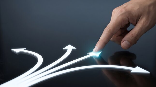 Hand Pointing At Glowing Arrow Representing Business Decision And Direction