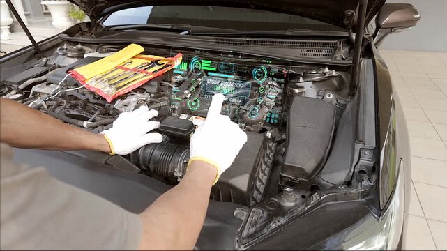 Car mechanic checking open engine bay with futuristic HUD graphics engine diagnostic system scan overlay