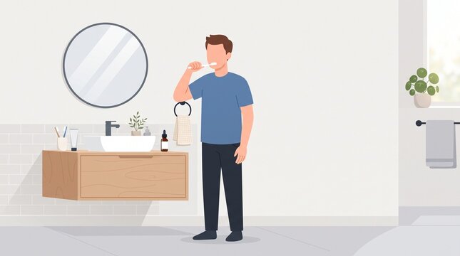 Faceless cartoon male practicing daily personal hygiene while brushing teeth beside a minimalist bathroom sink, clean lifestyle and self-care illustration