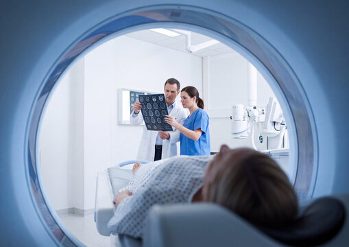 Medical doctors examining brain scan results for a patient lying inside a modern CT scanner machine during a diagnostic radiology checkup in a bright hospital clinic
