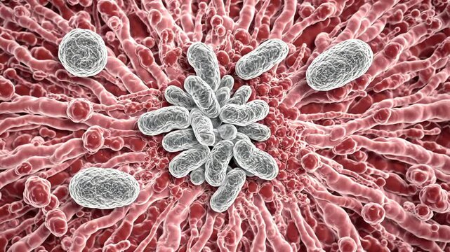 Tissue with several stable immune cells slowly gathering around a localized region, tissue structure remains consistent while subtle cellular movement creates a sense of inflammation