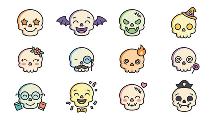 Fototapeta premium Colorful Cartoon Skull Characters with Fun Accessories.