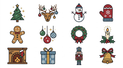Naklejka premium Colorful Christmas Holiday Icons Collection Flat Design.