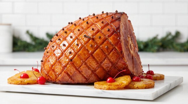 Glazed holiday ham with cloves sits on a white marble board with grilled pineapple and maraschino cherries. Baked ham features a sweet honey glaze for a traditional Christmas dinner.