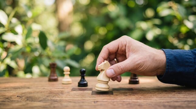 Hand moving white knight chess piece on wooden board outdoors, strategic thinking and business planning, leadership decision making, green nature, game theory