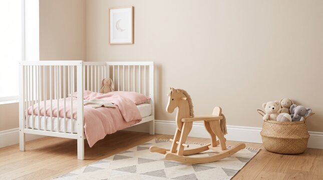 Cozy nursery room interior with white crib, pink bedding, wooden rocking horse toy and basket, minimalist scandi style baby bedroom design for newborns, soft natural light