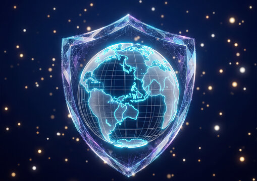 Digital shield protecting glowing globe representing global cyber security and internet privacy concept with blue light dots in a dark background for modern technology business