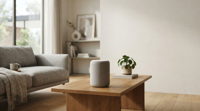 Minimalist smart speaker on wooden coffee table, modern living room interior with grey sofa, smart home technology in bright lounge