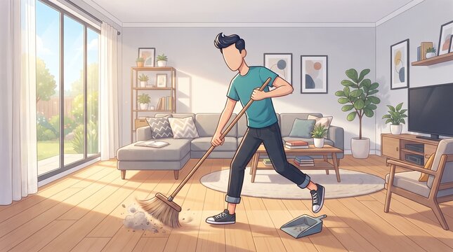 Faceless cartoon man sweeping the floor of a modern living room, performing daily household cleaning while maintaining a neat and comfortable home
