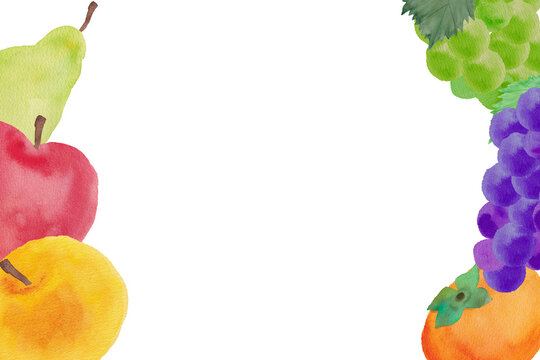 Watercolor Autumn Fruit Frame with Apples, Grapes, Pears and Persimmon