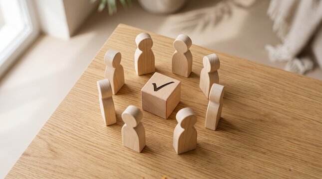 Conceptual image of wooden people figures standing in a circle around a central block with a checkmark symbol, representing teamwork, agreement, consensus, successful collaboration