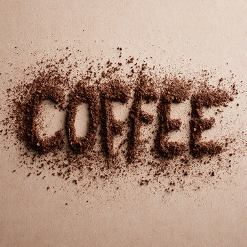 Coffee word spelled with ground coffee powder top view on neutral background