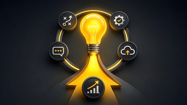 Glowing yellow arrow pointing to lightbulb surrounded by digital business strategy and workflow icons