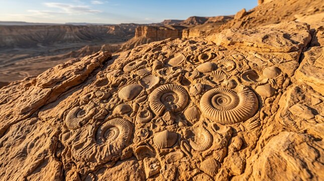 Ammonite fossils embedded in desert rock formation, ancient prehistoric marine life texture.