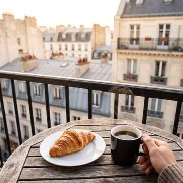A fresh croissant and a cup of coffee on a balcony overlooking Paris rooftops.