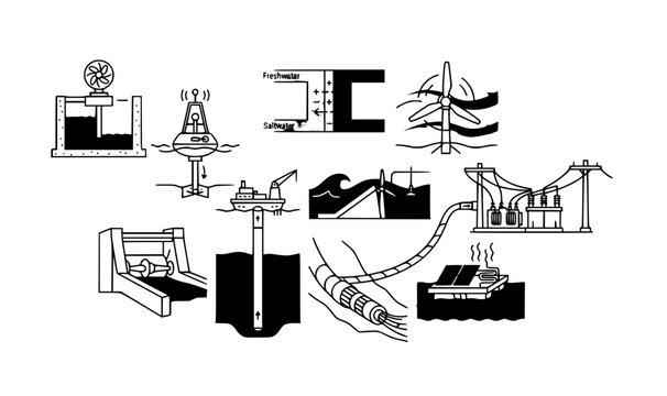 Technical Monoline Ocean Thermal Energy and Tidal Power Engineering Icon Set