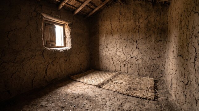 Interior of a rustic traditional clay house with mud walls and woven floor mats