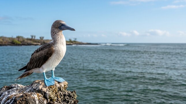 Blue-Footed Booby Standing on Coastal Rock Edge Facing Ocean in Galapagos Islands