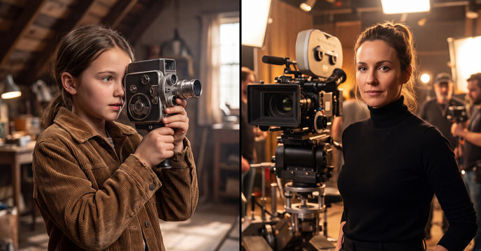 Cinematic evolution comparison showing young girl holding vintage film camera and professional female director standing confidently near modern high end digital cinema equipment inside studio settings