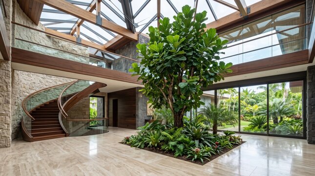 Modern luxury tropical villa interior with indoor tree and glass atrium ceiling