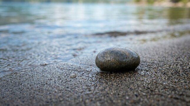Single smooth stone on wet sand near gentle ocean waves.