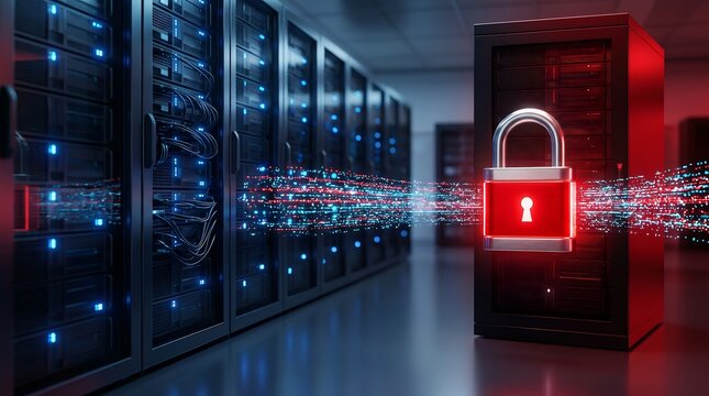Red glowing padlock symbol protecting a digital server rack in a dark data center environment representing cybersecurity and data protection against unauthorized access to network