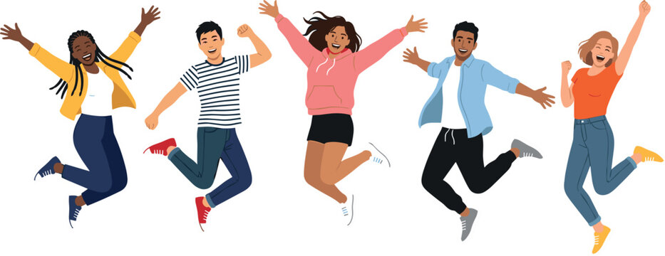 Diverse Group of Happy Young People Jumping in the Air Celebrating Cheerful Friends Flat Vector Illustration