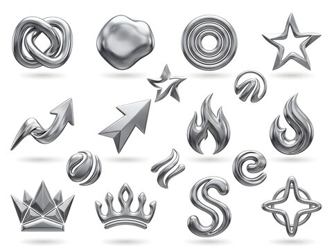 Elegant 3D Metallic Silver Abstract Symbols Collection Featuring Geometric Shapes, Arrows, Crowns, Stars, and Dynamic Flames on Clean White