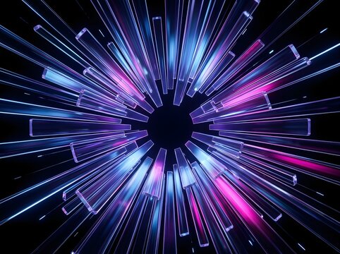 Dynamic Radial Array of Futuristic Glass Panels Exploding in Vibrant Neon Light Streaks Against Deep Space Void