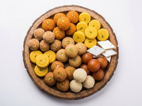 Assorted indian traditional sweets like laddu and kaju katli on a wooden plate isolated on white background