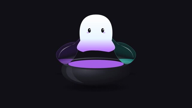 Halloween ghost mascot character floating above magic cauldron with glowing purple potion