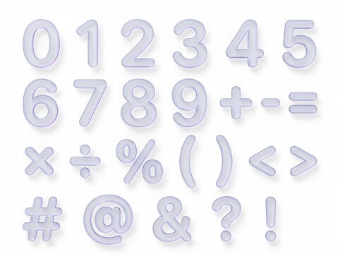 Elegant Translucent 3D Acrylic Numerals and Mathematical Symbols Set Displayed on Clean White Background