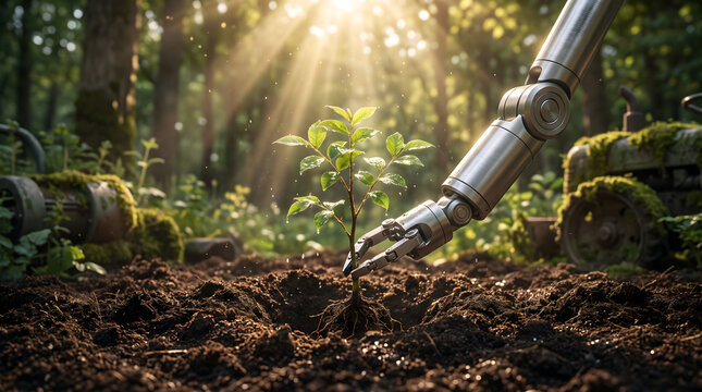Robotic arm planting a small green sapling into dark soil in a sunlit forest, with mossy abandoned machinery in the background