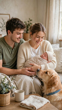 Young couple watching their pet dog interact gently with newborn baby on floor