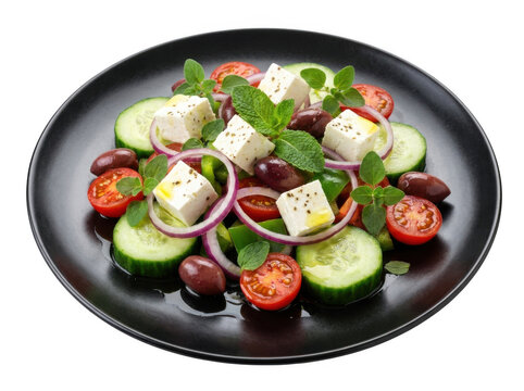 Fresh Greek salad with feta cheese olives and vegetables on a black plate isolated on transparent background