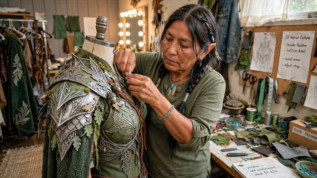 Native American Woman Adjusting Fantasy Elf Pauldrons Armor in Bright Dressing Room Backstage