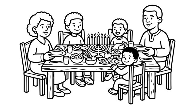 African American Family Celebrating Kwanzaa Dinner Coloring Page