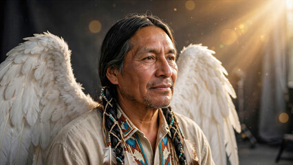 Naklejka premium Native American Person Styled as Winged Angel with Soft Golden Sunlight Flare