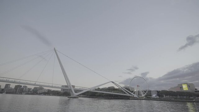 A wide dusk view captures the Neville Bonner pedestrian bridge, the Wheel of Brisbane and city skyline together.