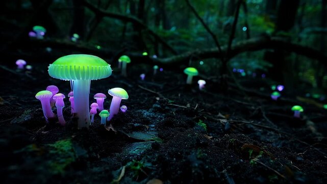 Seamless Eerie Pattern of Bioluminescent Mushrooms and Toadstools Glowing on Black Soil for Halloween