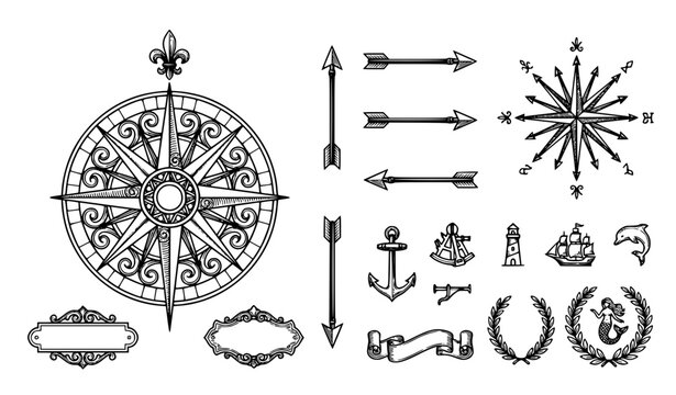 Vintage Compass Rose and Nautical Navigation Symbols Vector Set