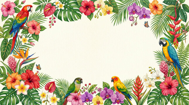 Vibrant Tropical Floral Border with Exotic Birds and Lush Greenery in Ornate Frame