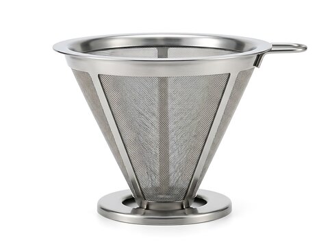 Metal funnel strainer with handle isolated on white background