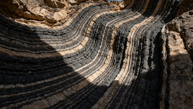 Layered rock formations with wavy sedimentary patterns in a natural canyon